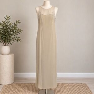 NiteLine Nahdree Vintage Maxi Dress Beige Sheer Mesh Embroidered Formal Sz 8